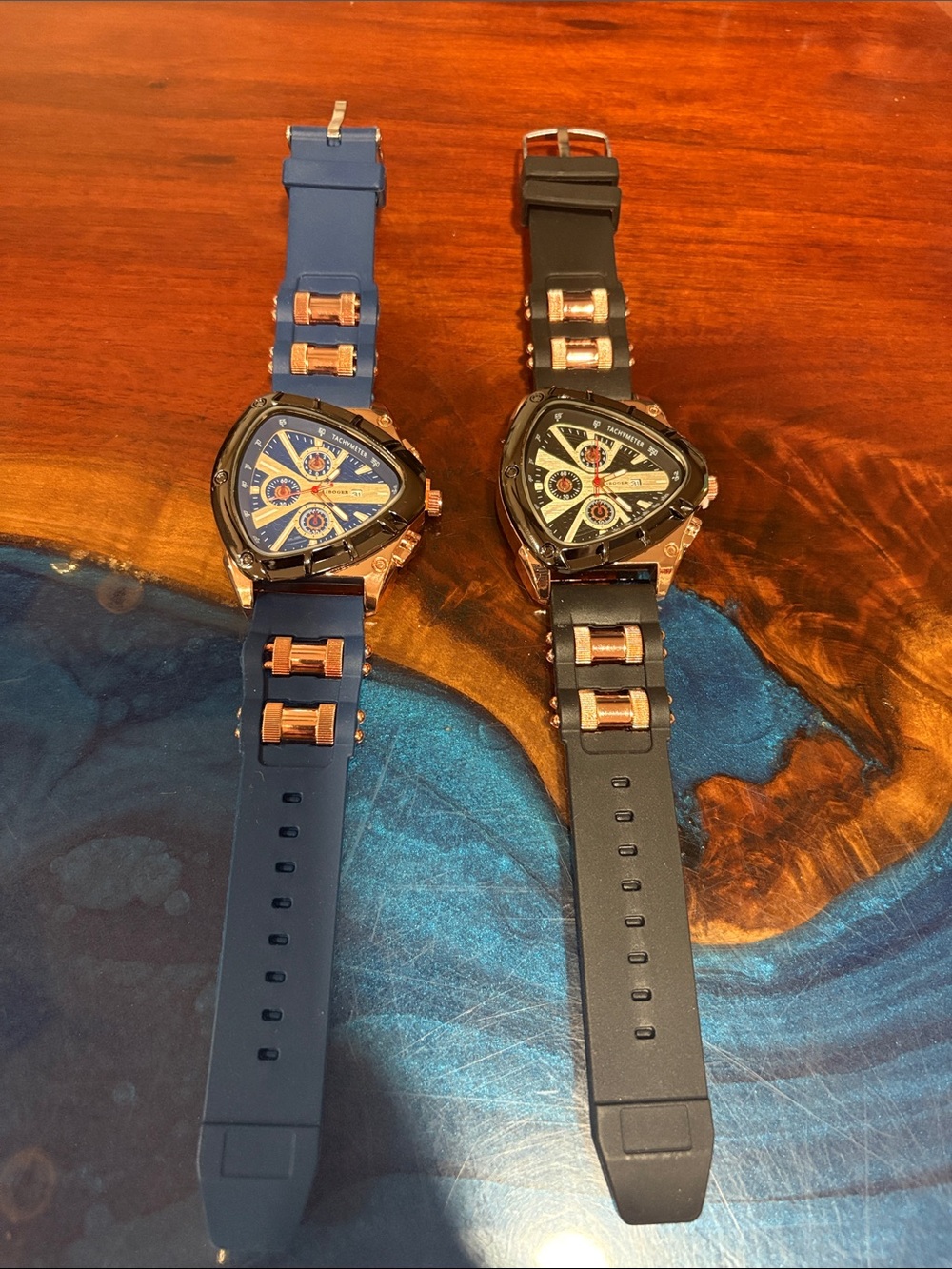 2 Men's Blue Silicone Strap Chronograph Watch with Rose Gold Accents